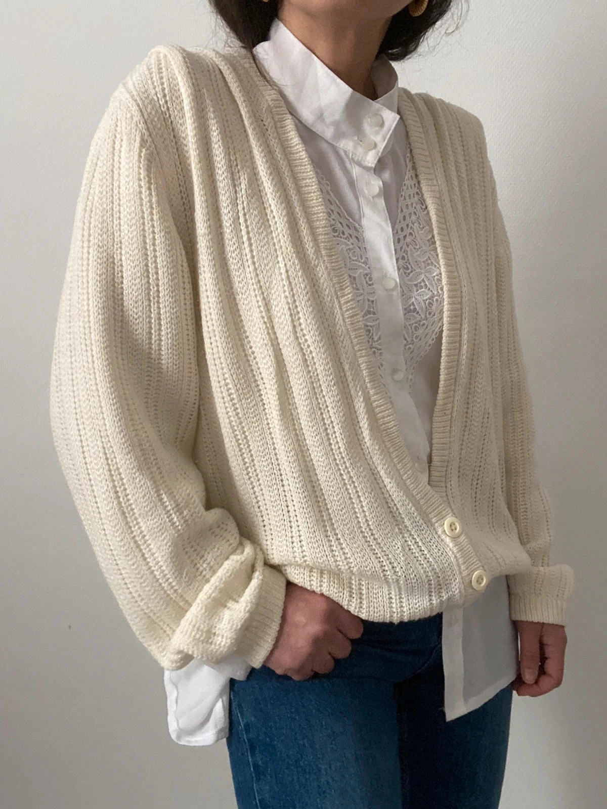 🌺 Vintage cardigan écru à grande encolure